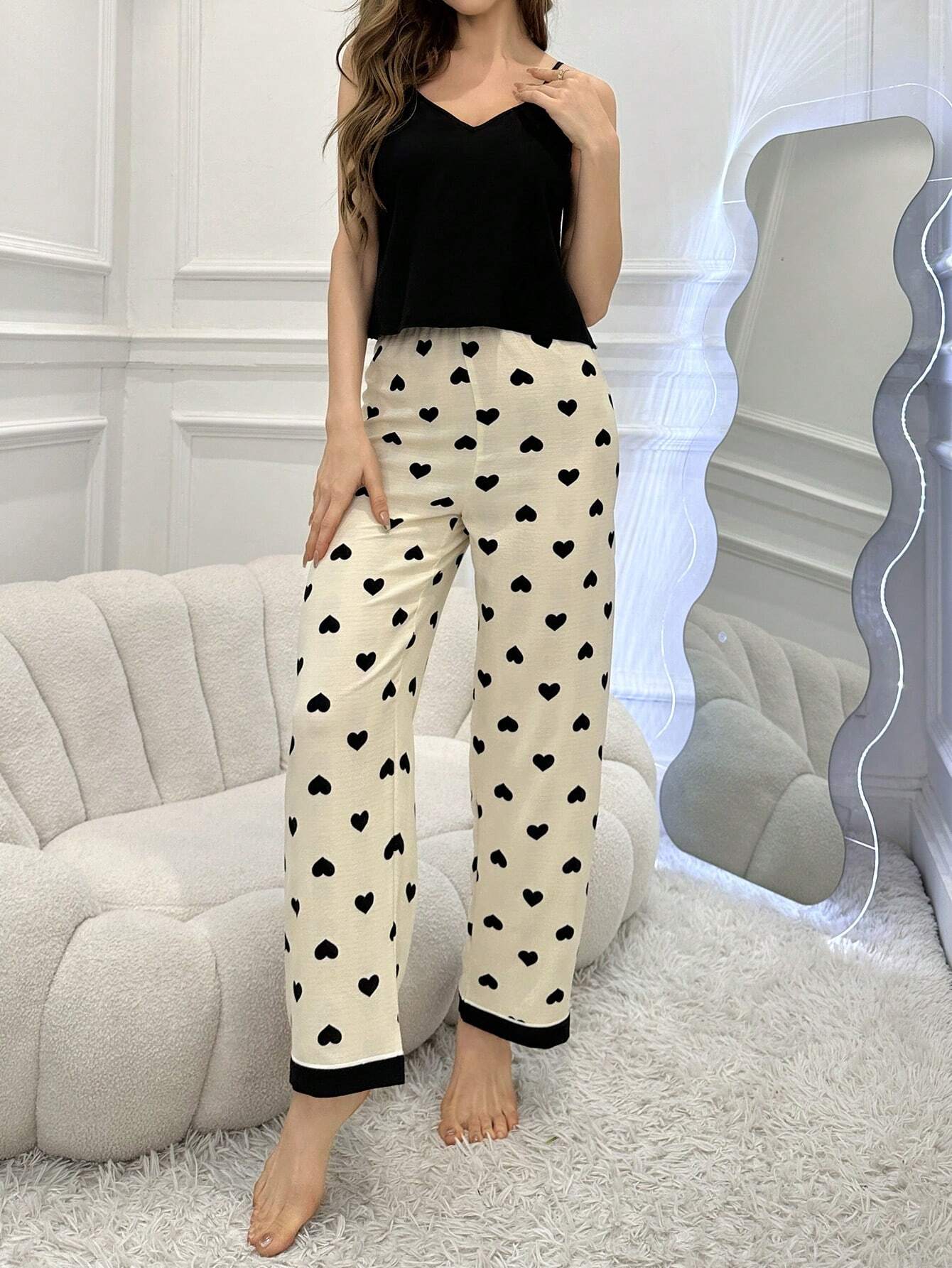 Ensemble de pyjama avec débardeur et pantalon à imprimé cœur en blocs de couleurs