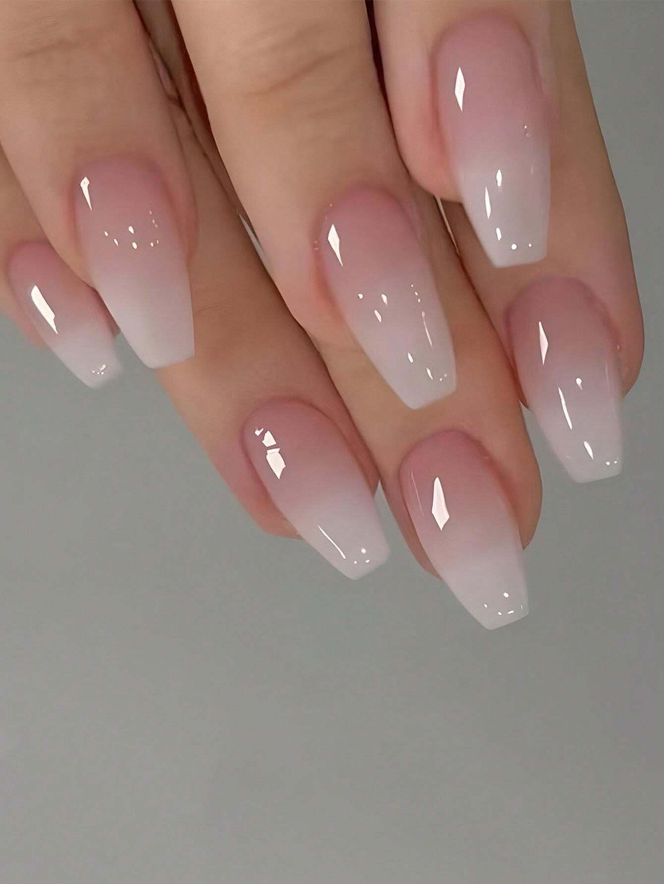 24 pièces Faux ongles courts dégradé rose et nude pour des filles adolescents de style ballet + 1 pièce colle gelée + 1 pièce lime à ongles, ongles pressés, fournitures pour les ongles