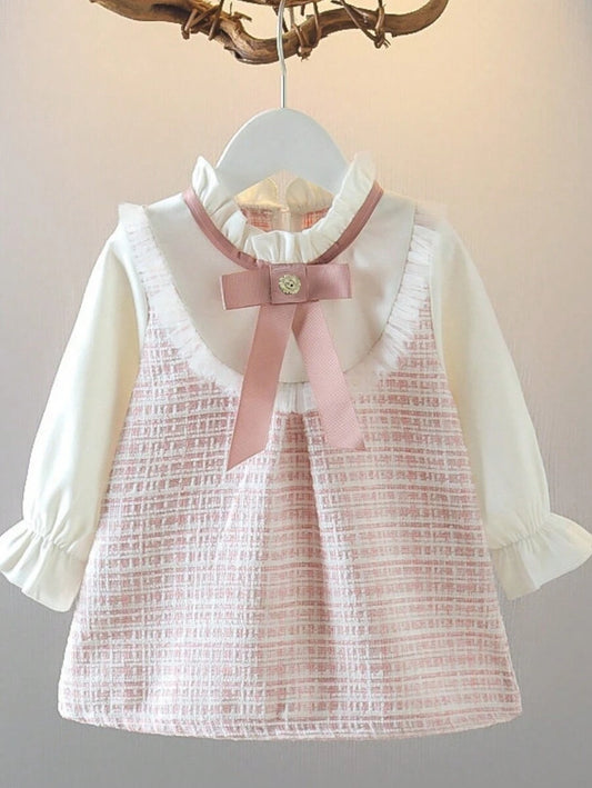Shein Robe à manches volantées élégante pour bébé fille avec décoration de nœud, printemps/été