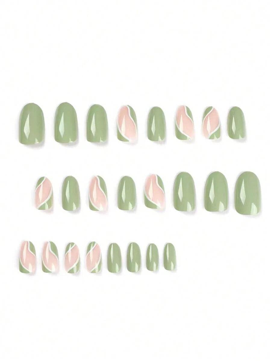 Shein 24 pièces Art des ongles à rayures françaises vertes de style printemps