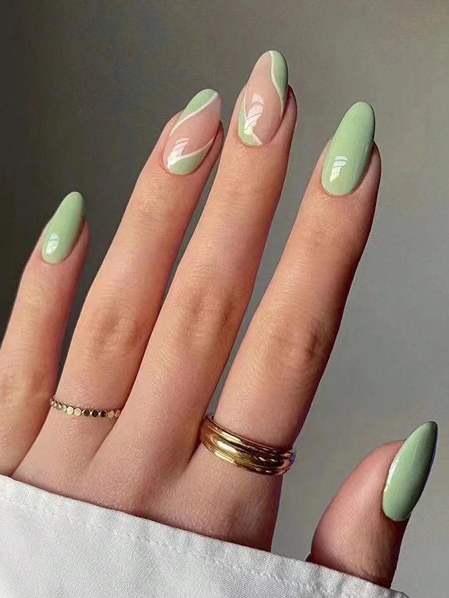 Shein 24 pièces Art des ongles à rayures françaises vertes de style printemps