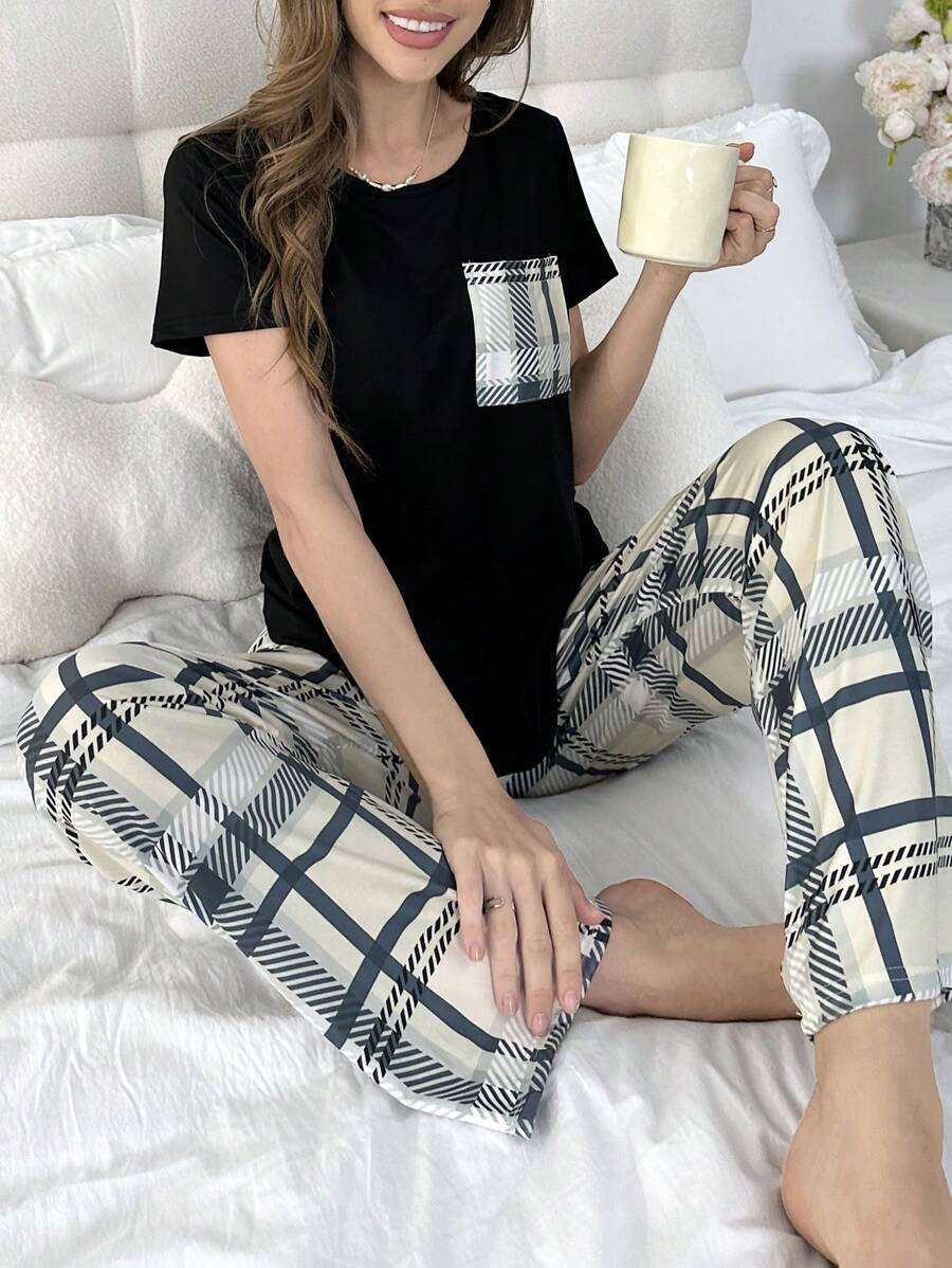 Ensemble pyjama femme à carreaux fashion avec haut à manches courtes et long pantalon