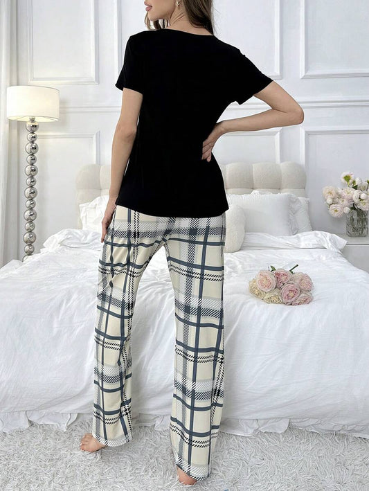Ensemble pyjama femme à carreaux fashion avec haut à manches courtes et long pantalon