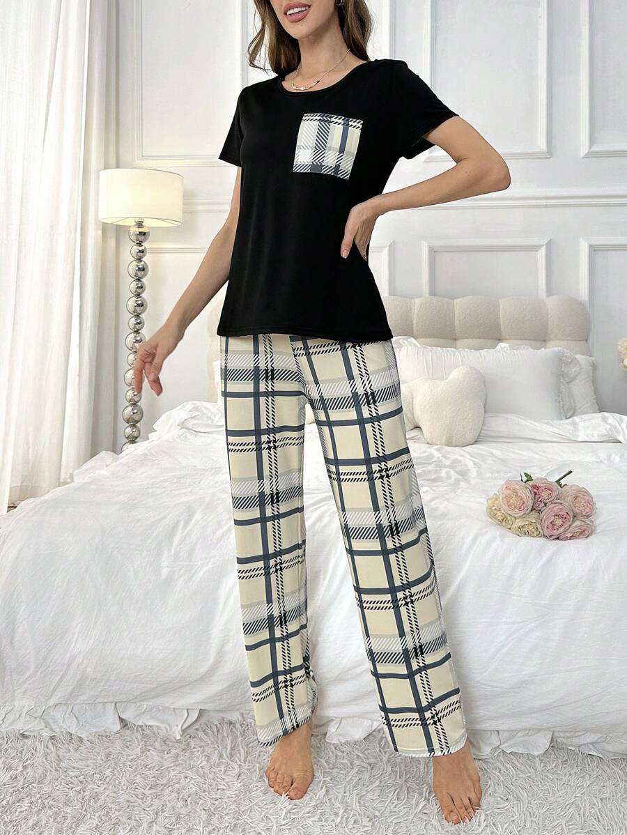 Ensemble pyjama femme à carreaux fashion avec haut à manches courtes et long pantalon