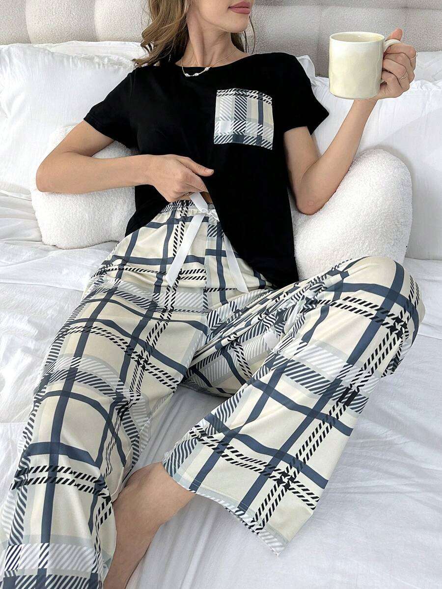 Ensemble pyjama femme à carreaux fashion avec haut à manches courtes et long pantalon