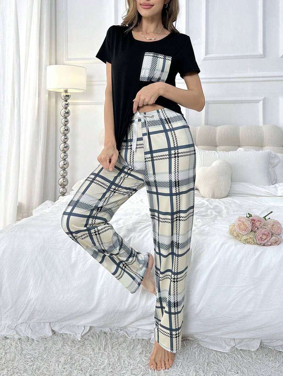 Ensemble pyjama femme à carreaux fashion avec haut à manches courtes et long pantalon