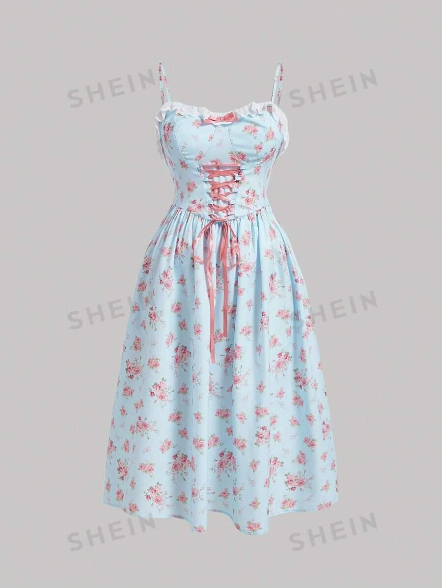 SHEIN  Robe d"été longue  pour femme avec bretelles spaghetti, imprimé floral, ourlet à volants et lien à la taille