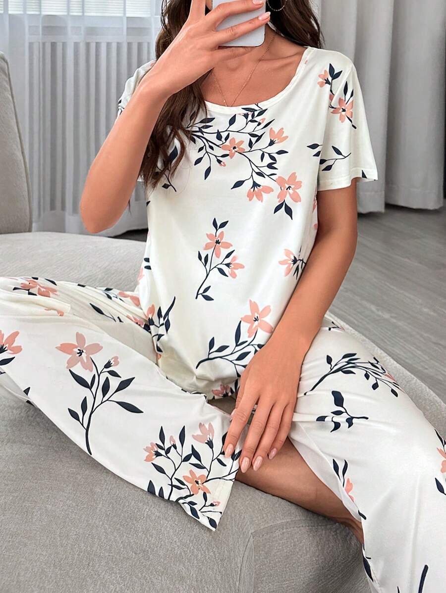 Ensemble pyjama top à manches courtes imprimé floral avec nœud décoré et pantalon long