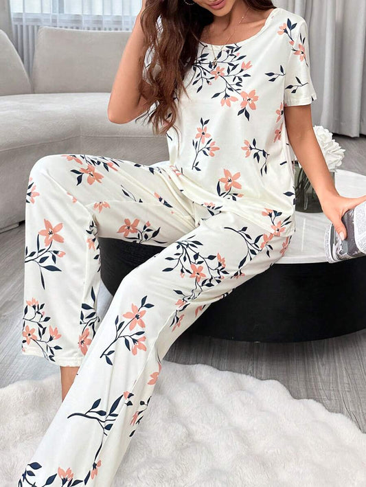 Ensemble pyjama top à manches courtes imprimé floral avec nœud décoré et pantalon long