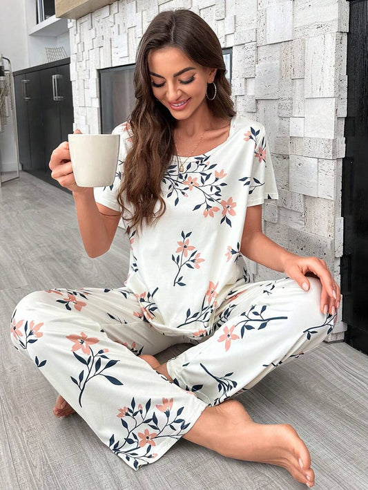 Ensemble pyjama top à manches courtes imprimé floral avec nœud décoré et pantalon long