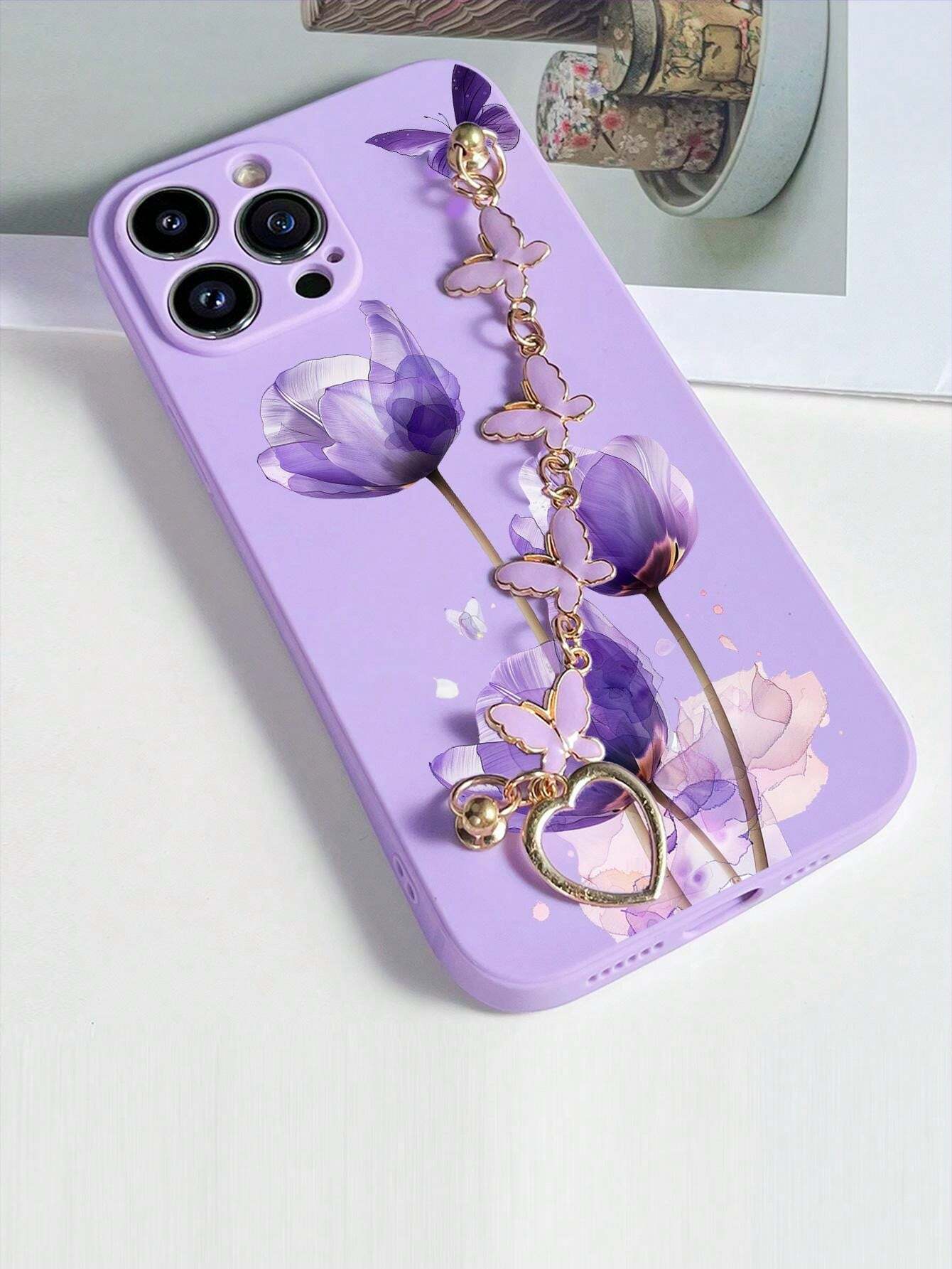 Shein 1 pièce Coque de téléphone TPU violet avec design de fleurs et papillons