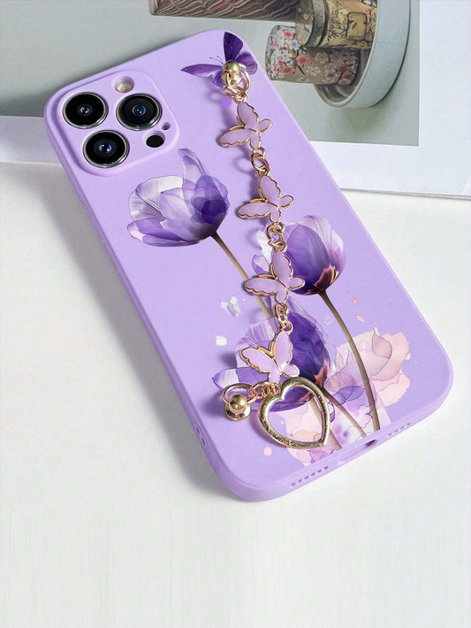 Shein 1 pièce Coque de téléphone TPU violet avec design de fleurs et papillons Samsung Galaxy A50