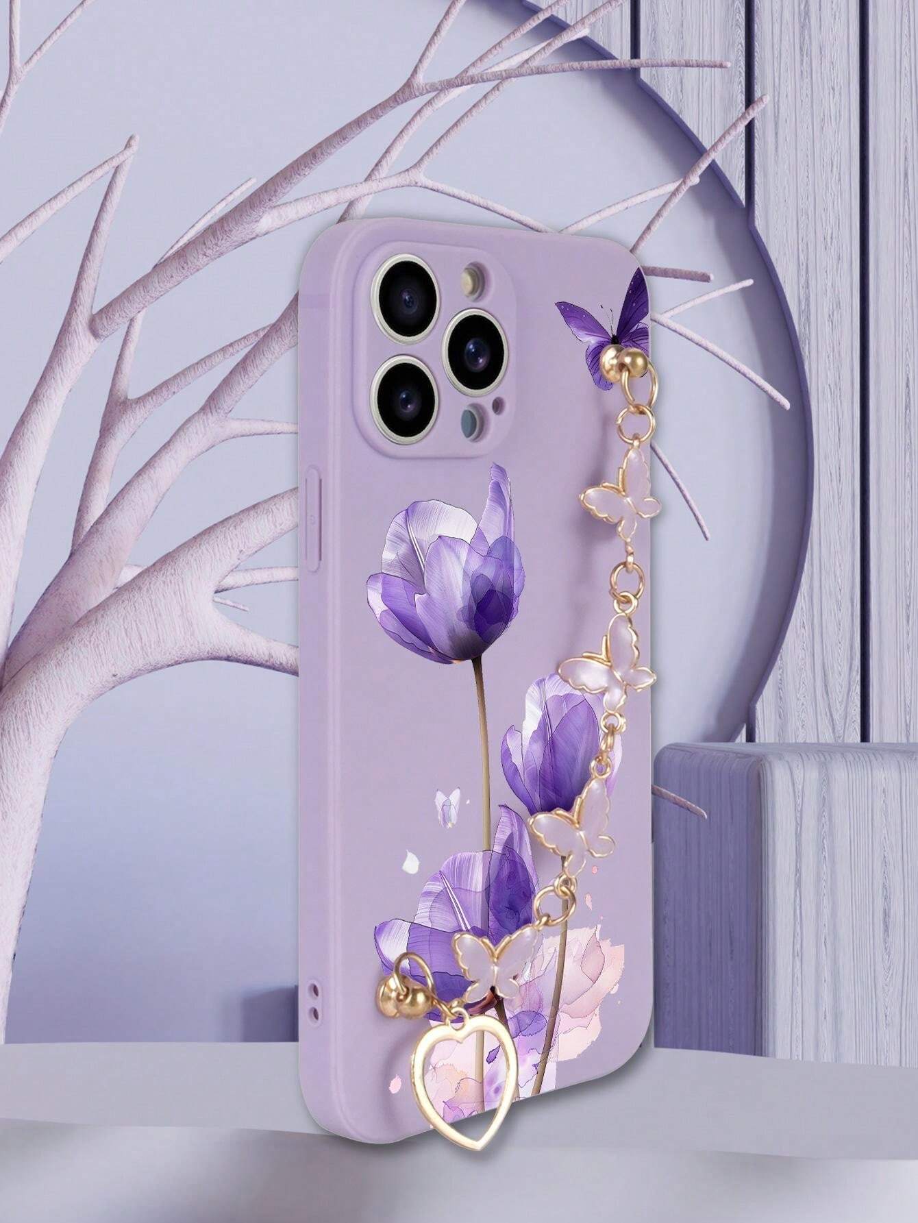 Shein 1 pièce Coque de téléphone TPU violet avec design de fleurs et papillons