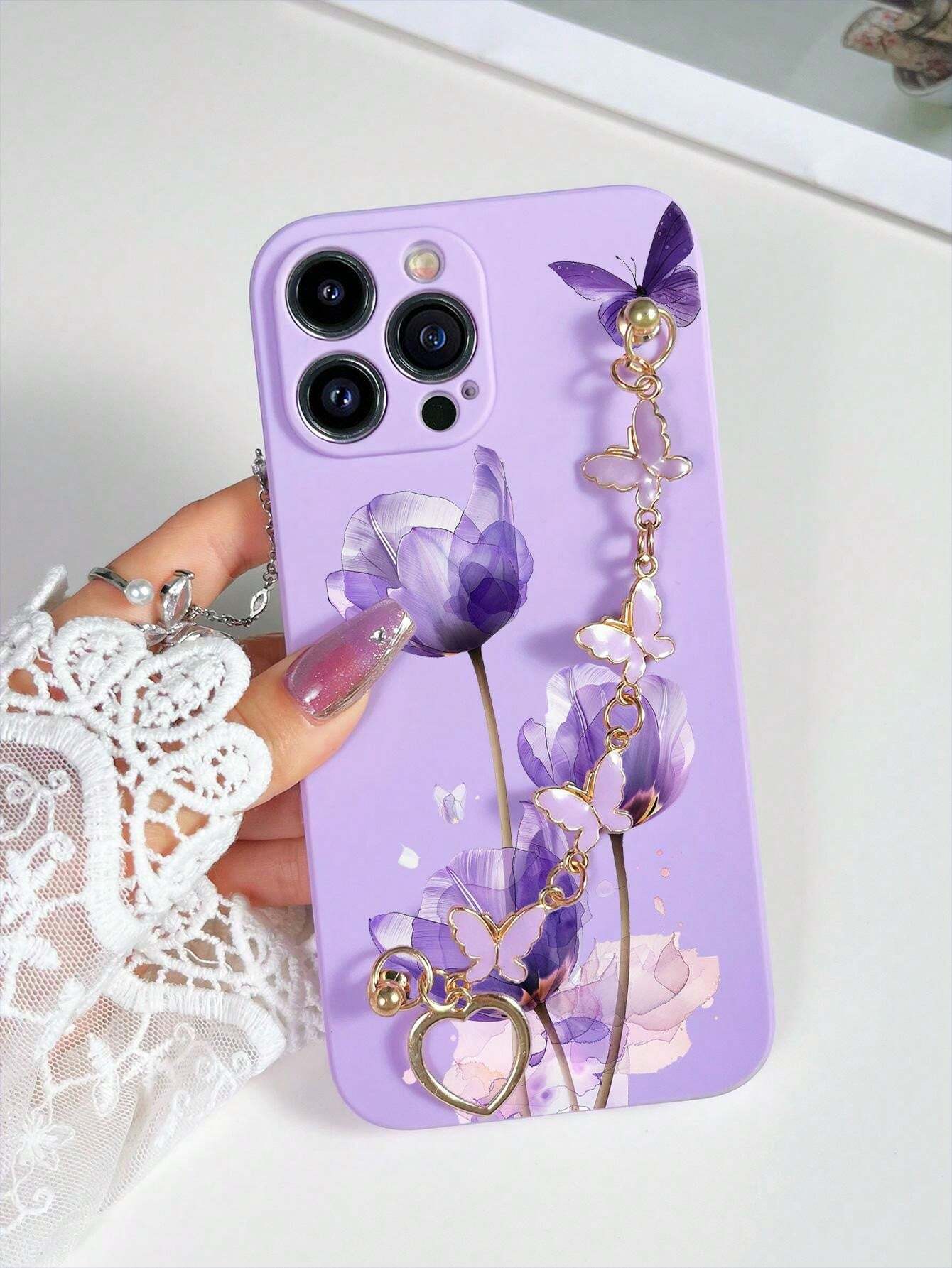 Shein 1 pièce Coque de téléphone TPU violet avec design de fleurs et papillons