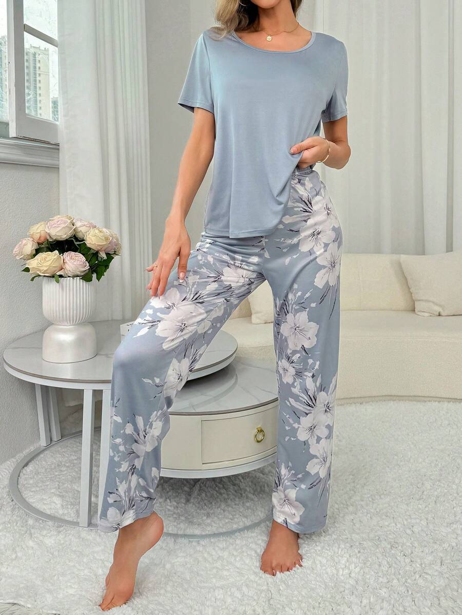 Ensemble de pyjama femme en soie de lait 140g imprimé numériquement Gris