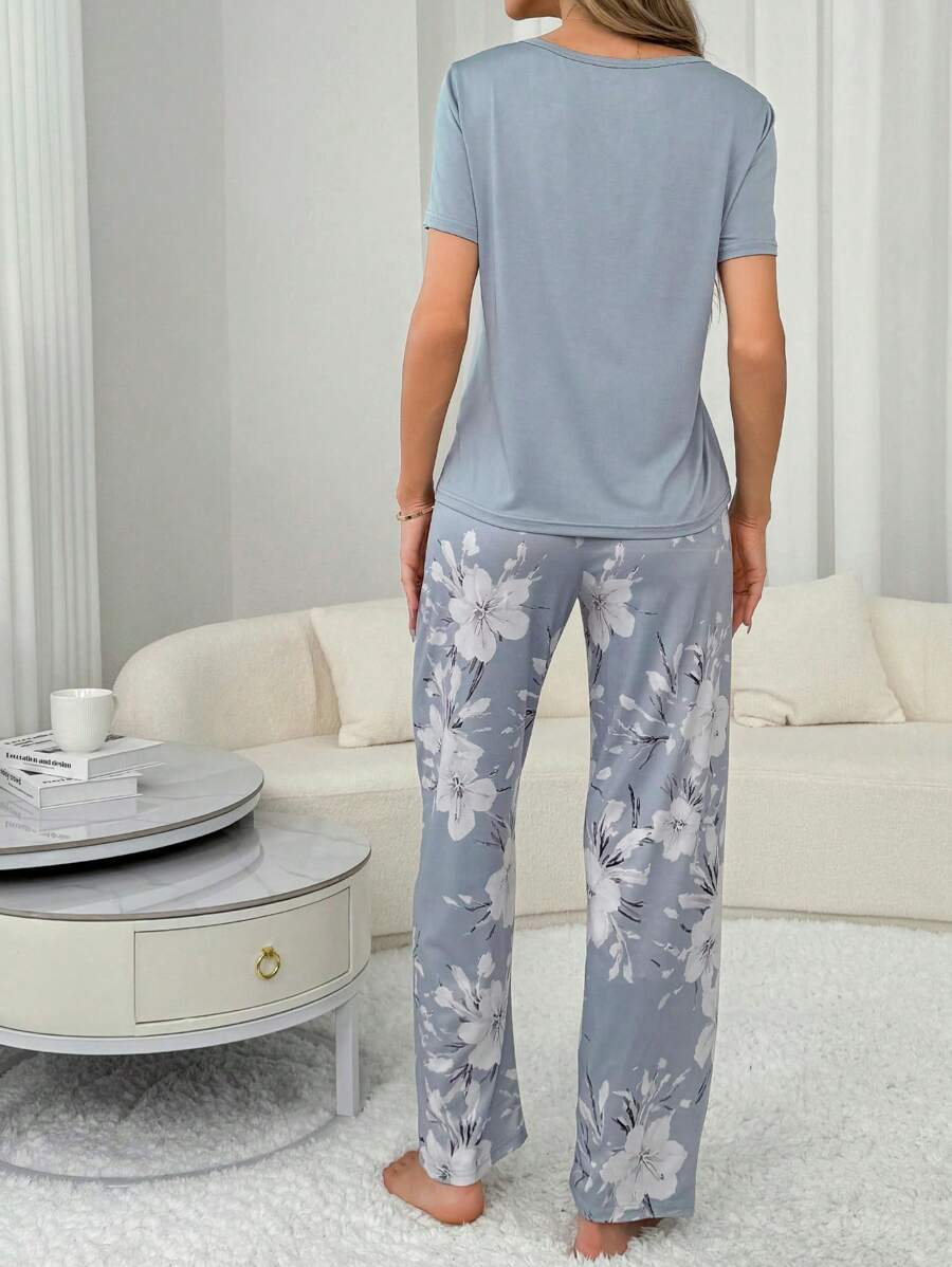 Ensemble de pyjama femme en soie de lait 140g imprimé numériquement Gris