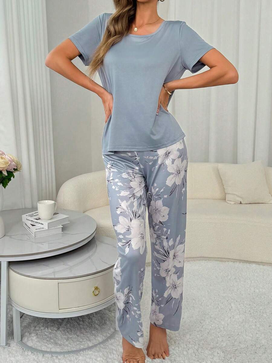 Ensemble de pyjama femme en soie de lait 140g imprimé numériquement Gris