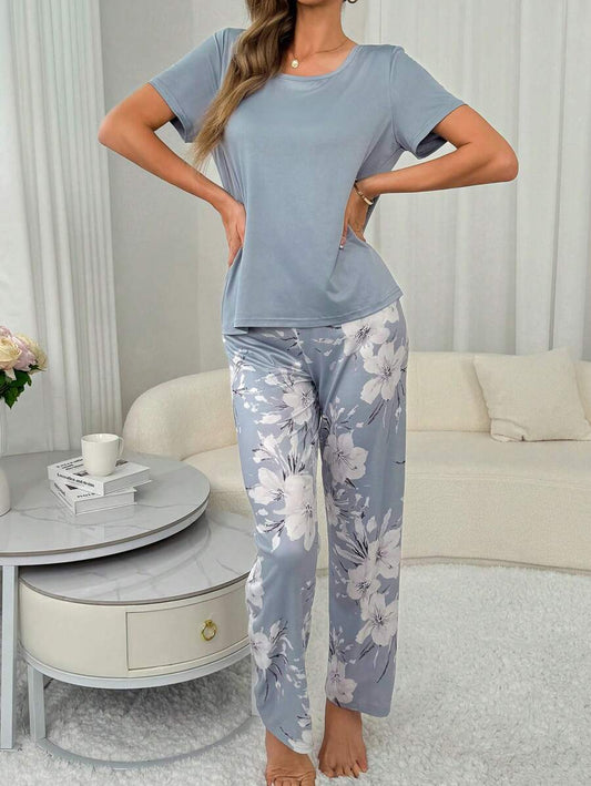 Ensemble de pyjama femme en soie de lait 140g imprimé numériquement Gris