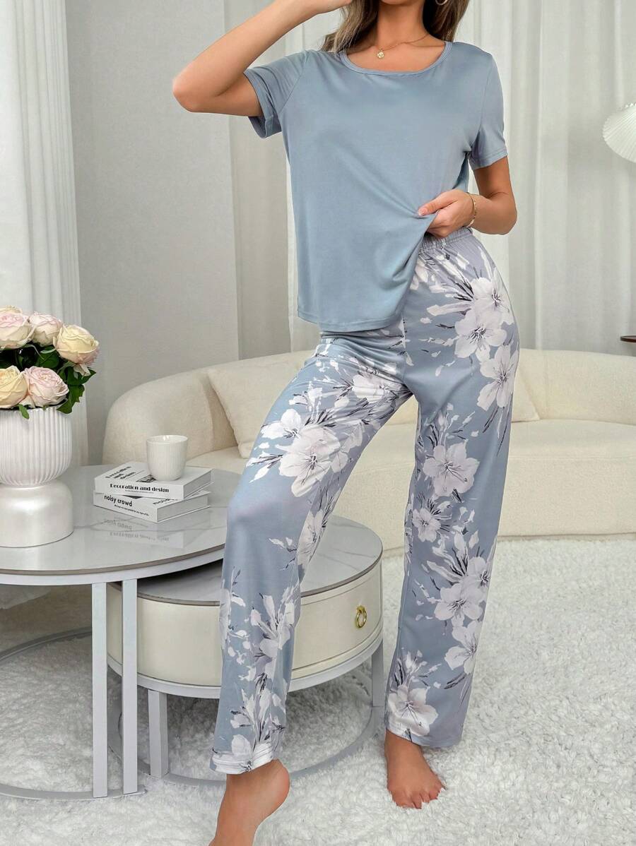 Ensemble de pyjama femme en soie de lait 140g imprimé numériquement Gris