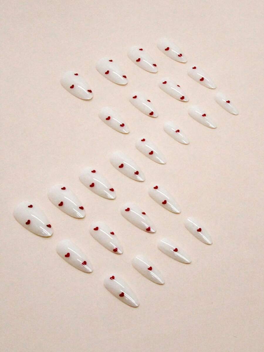 Shein 24 pièces Ongles faux blancs de yogourt avec des flocons d'amour rouge vin