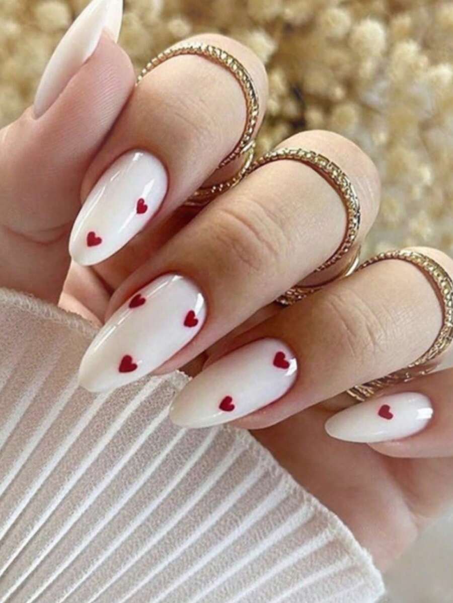 Shein 24 pièces Ongles faux blancs de yogourt avec des flocons d'amour rouge vin