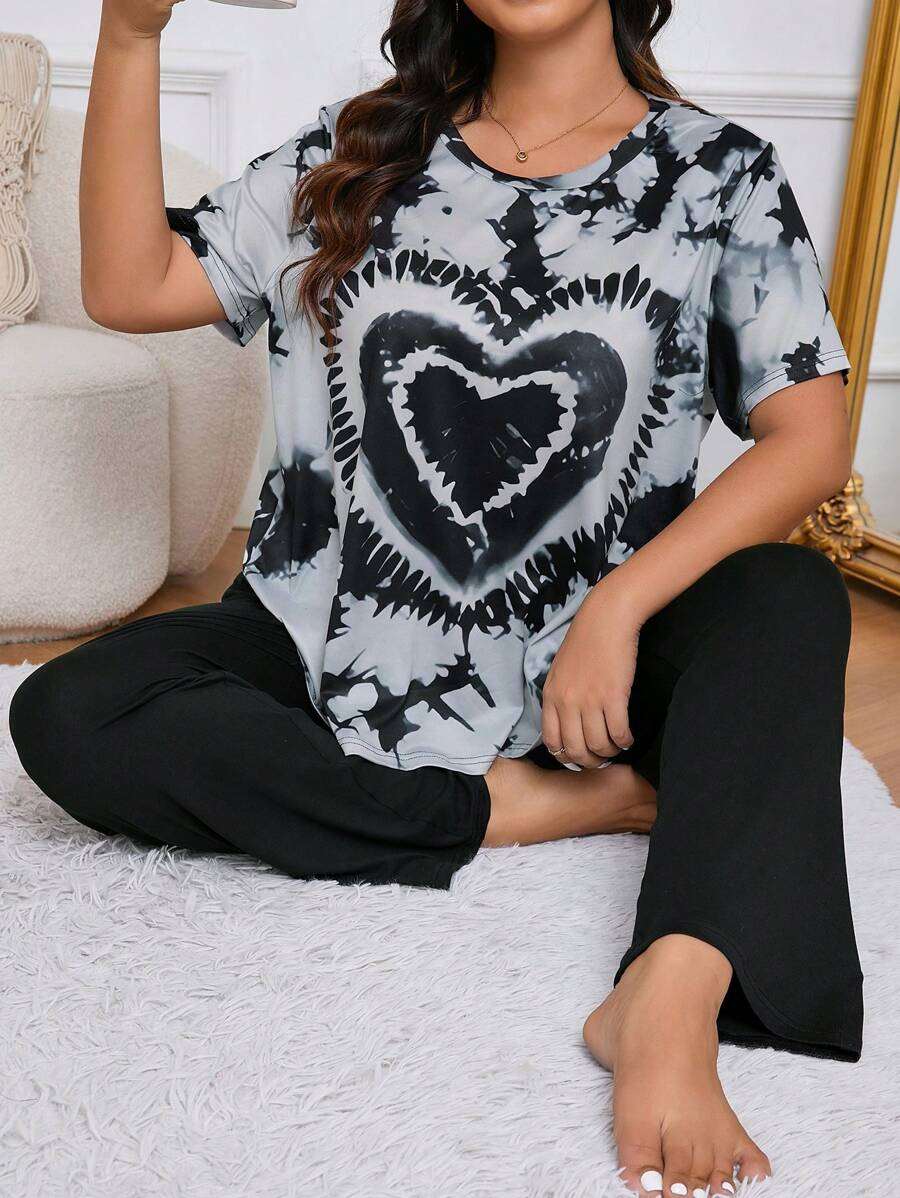 Ensemble pyjama grande taille à manches courtes batik et pantalon long uni, tenues