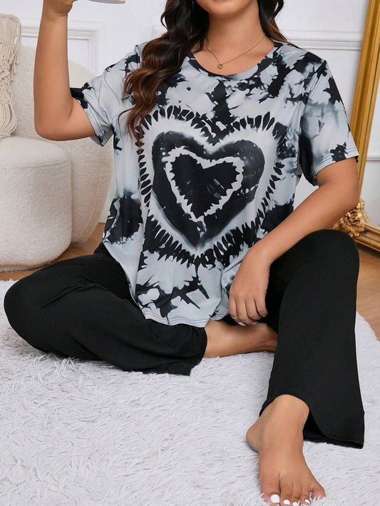 Ensemble pyjama grande taille à manches courtes batik et pantalon long uni, tenues