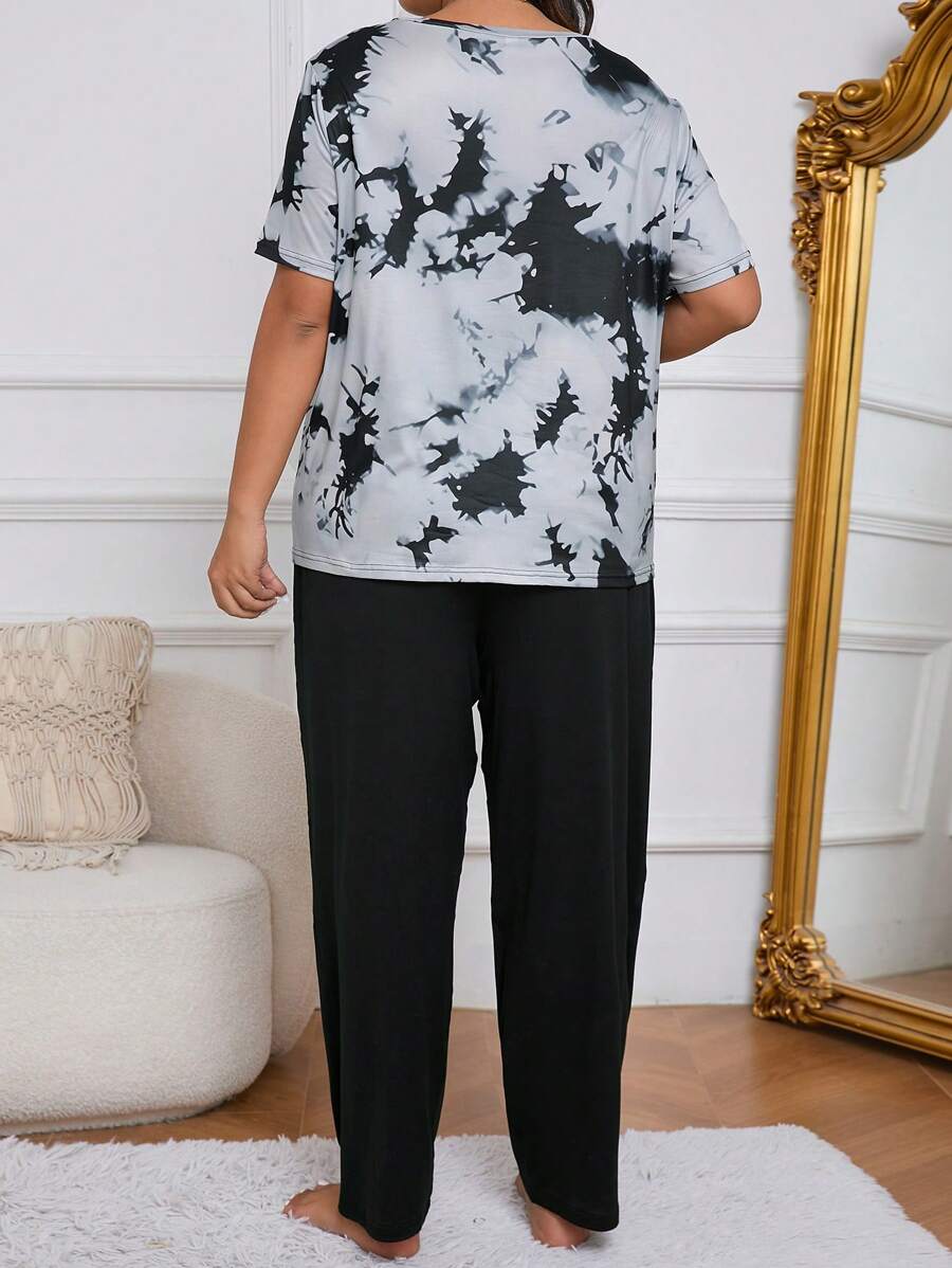 Ensemble pyjama grande taille à manches courtes batik et pantalon long uni, tenues