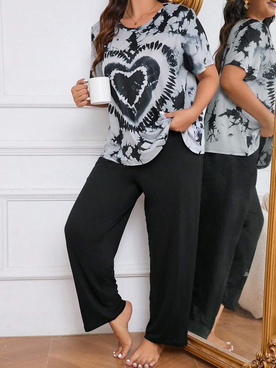 Ensemble pyjama grande taille à manches courtes batik et pantalon long uni, tenues