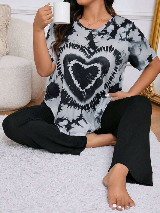 Ensemble pyjama grande taille à manches courtes batik et pantalon long uni, tenues