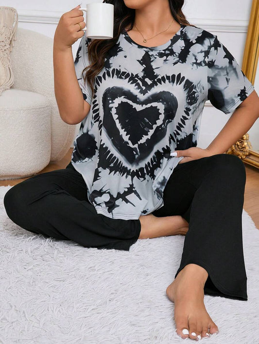 Ensemble pyjama grande taille à manches courtes batik et pantalon long uni, tenues