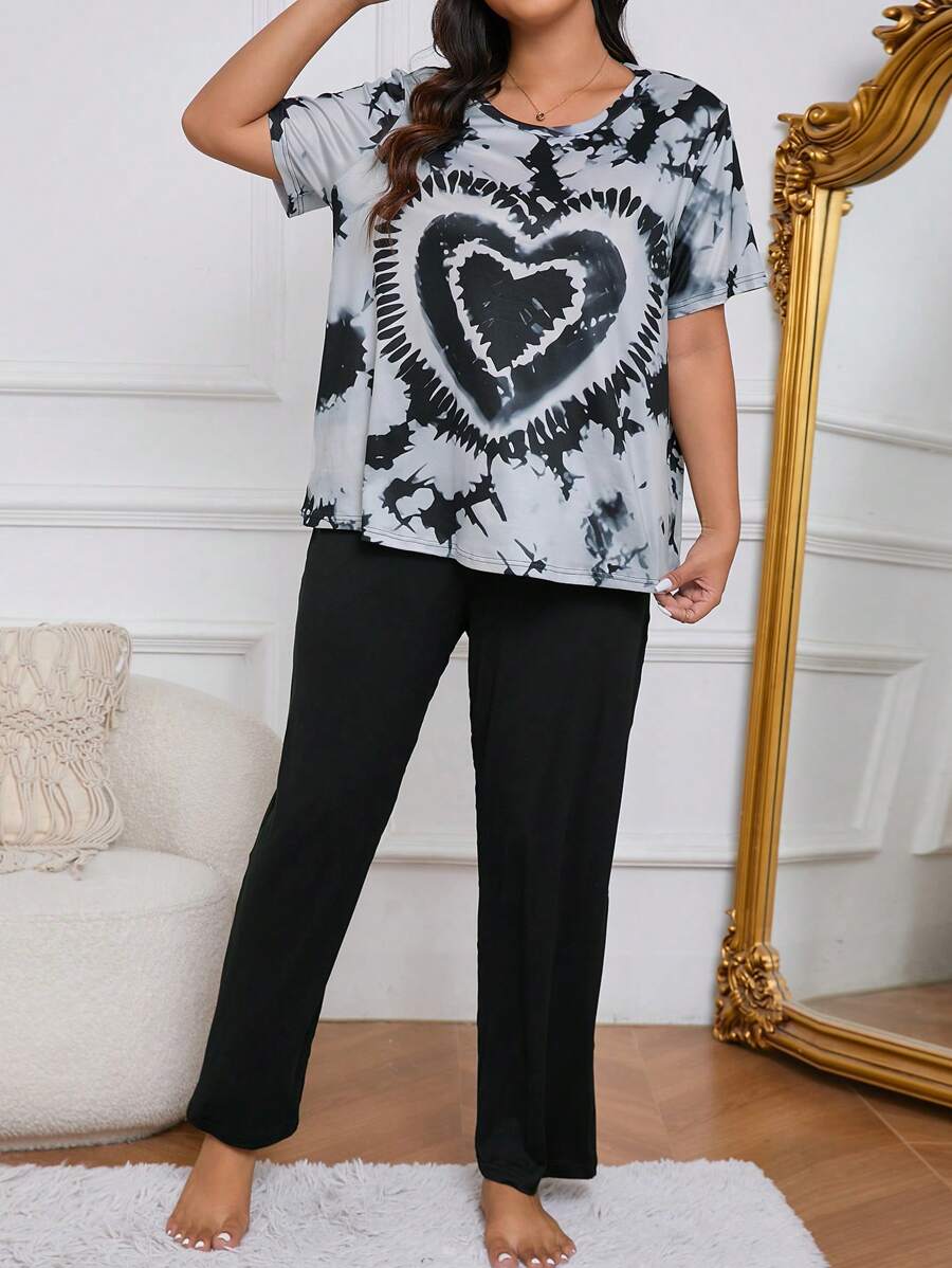 Ensemble pyjama grande taille à manches courtes batik et pantalon long uni, tenues