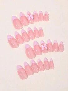 Shein 24 pièces/set Faux ongles à presser, longs, en amande, acrylique, rose, avec design français