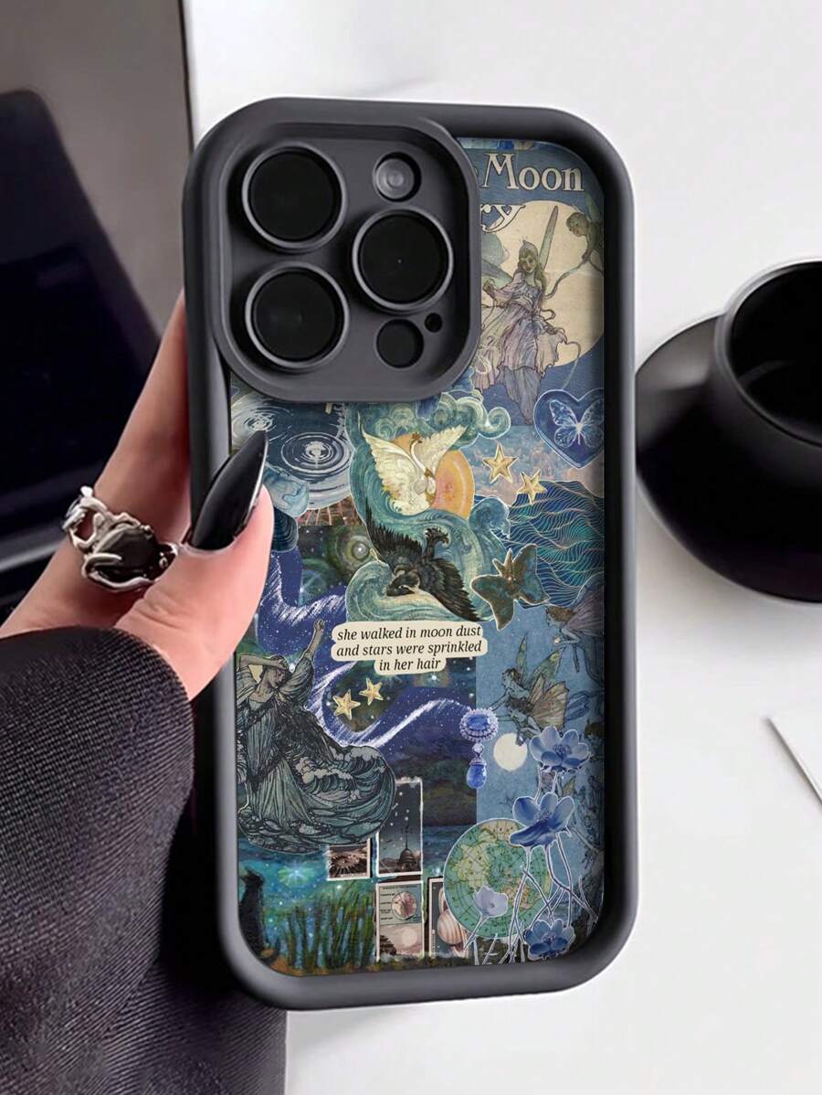 Shein 1 pièce Étui de téléphone anti-chute épais avec design de peinture à l'huile collage d'étoiles et d'oiseaux