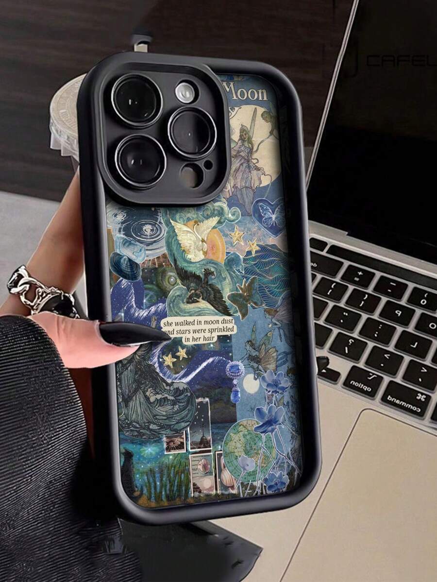 Shein 1 pièce Étui de téléphone anti-chute épais avec design de peinture à l'huile collage d'étoiles et d'oiseaux