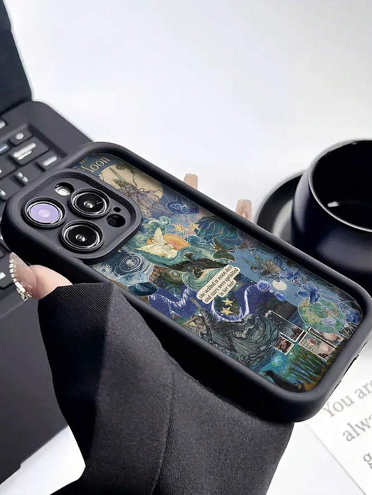 Shein 1 pièce Étui de téléphone anti-chute épais avec design de peinture à l'huile collage d'étoiles et d'oiseaux iPhone 11