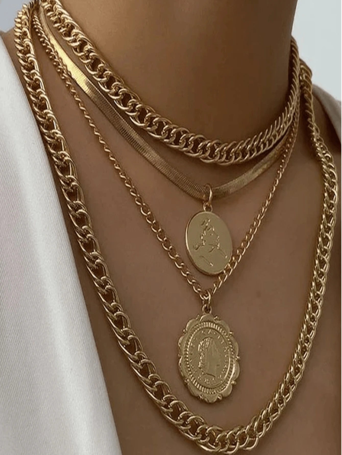 Shein 2 pièces/Set Collier à couches de style hip-hop en or massif 14 carats pour femmes