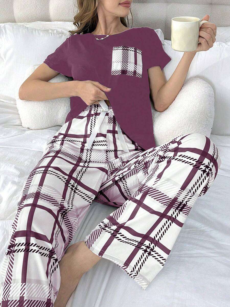 Ensemble de pyjama à manches courtes à carreaux pour femmes