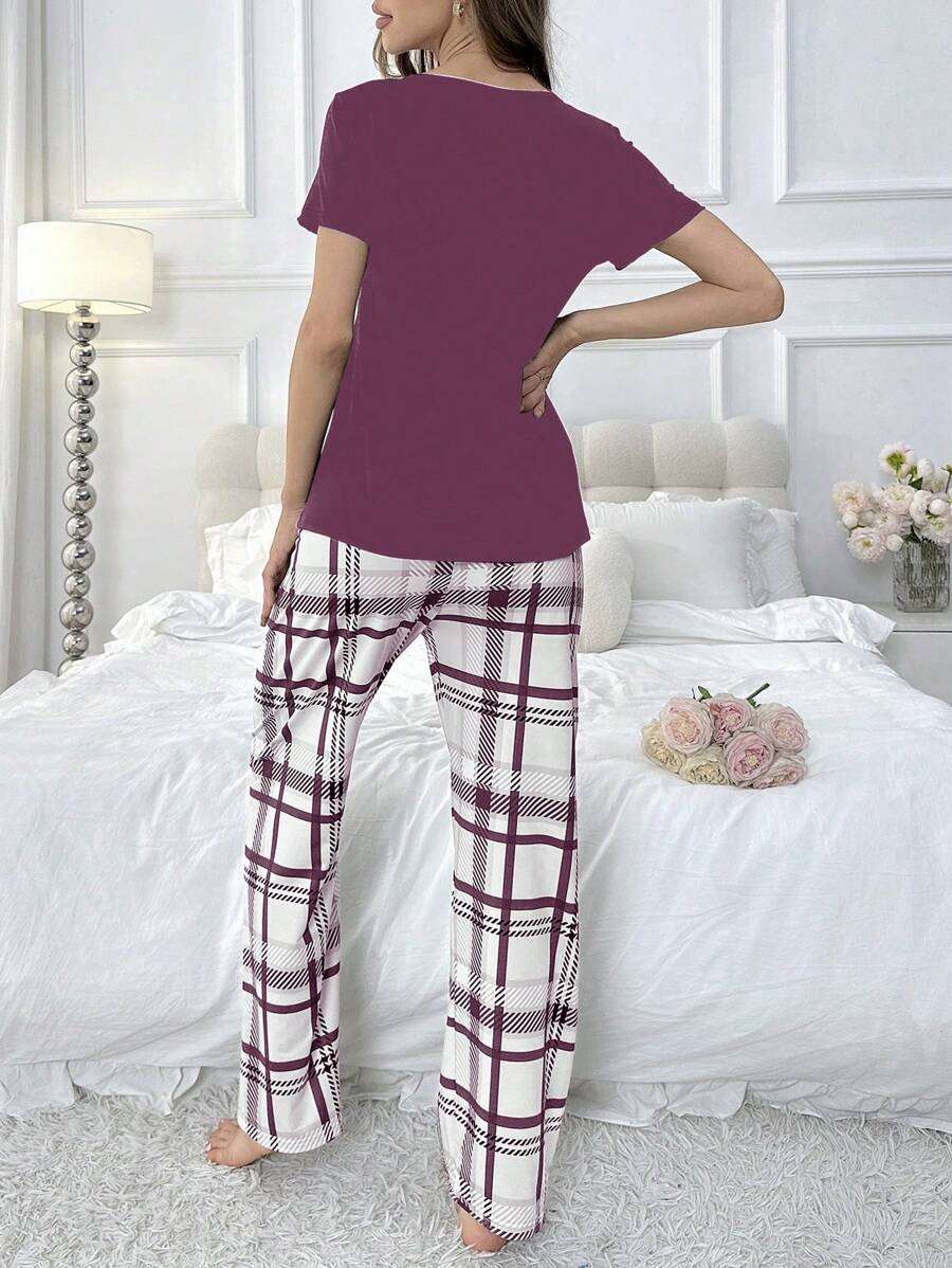 Ensemble de pyjama à manches courtes à carreaux pour femmes