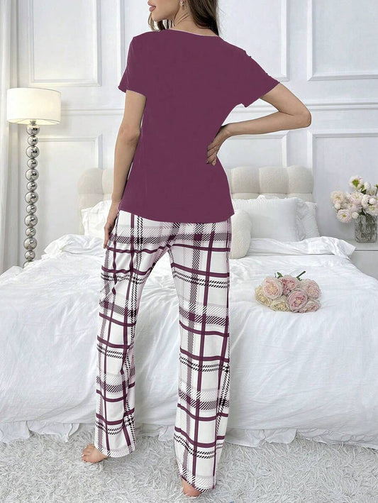 Ensemble de pyjama à manches courtes à carreaux pour femmes