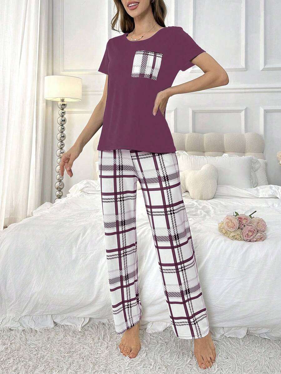 Ensemble de pyjama à manches courtes à carreaux pour femmes