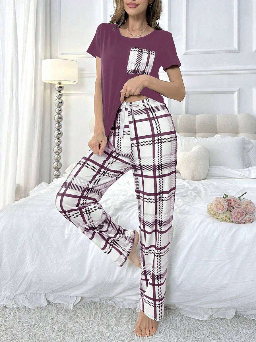 Ensemble de pyjama à manches courtes à carreaux pour femmes