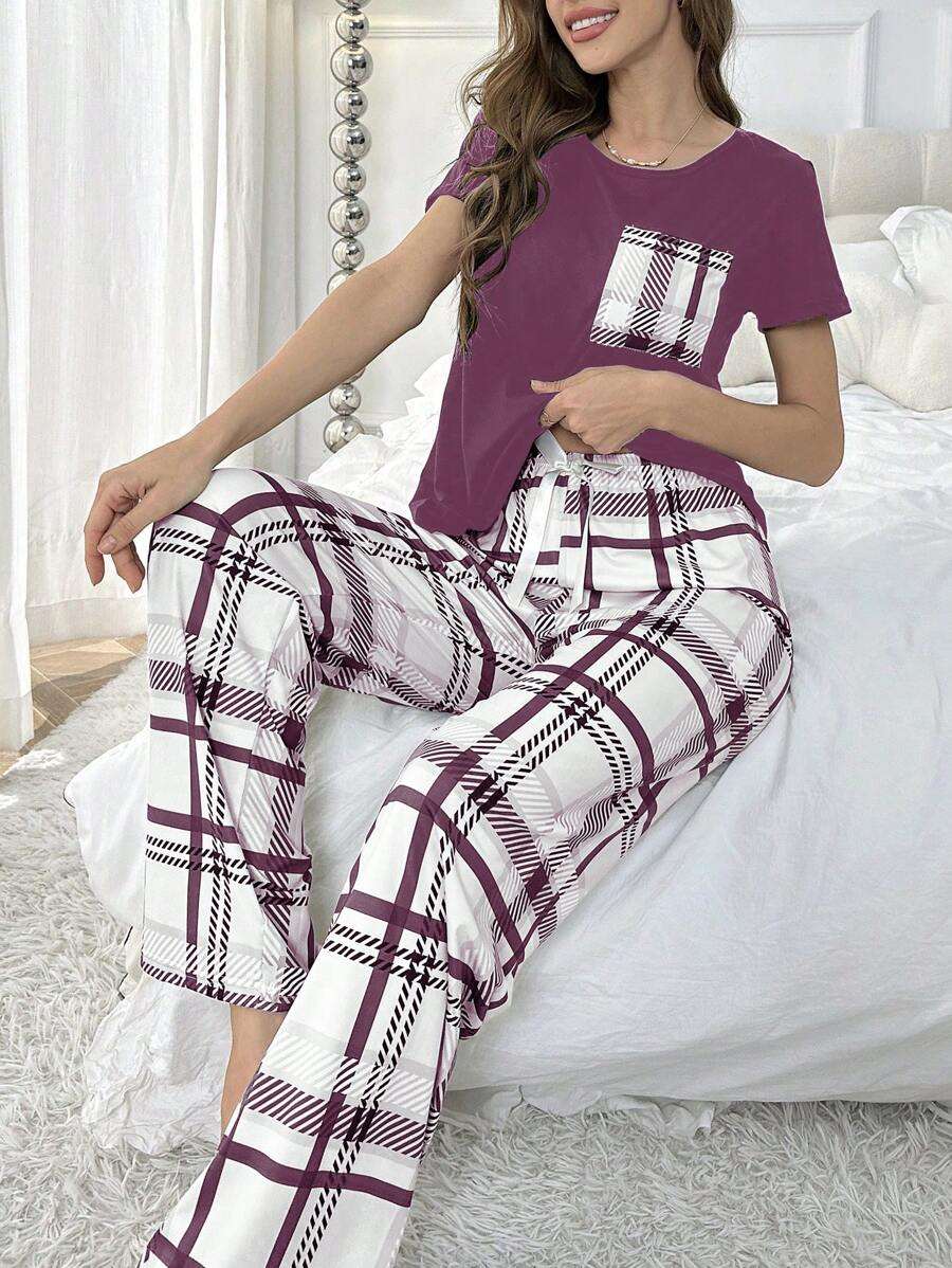 Ensemble de pyjama à manches courtes à carreaux pour femmes
