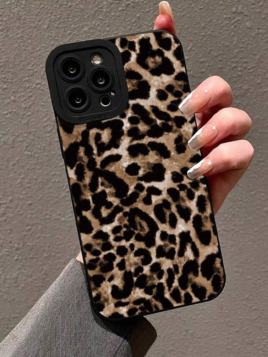 Shein Coque de téléphone antichoc peinte avec impression léopard perforée avec précision