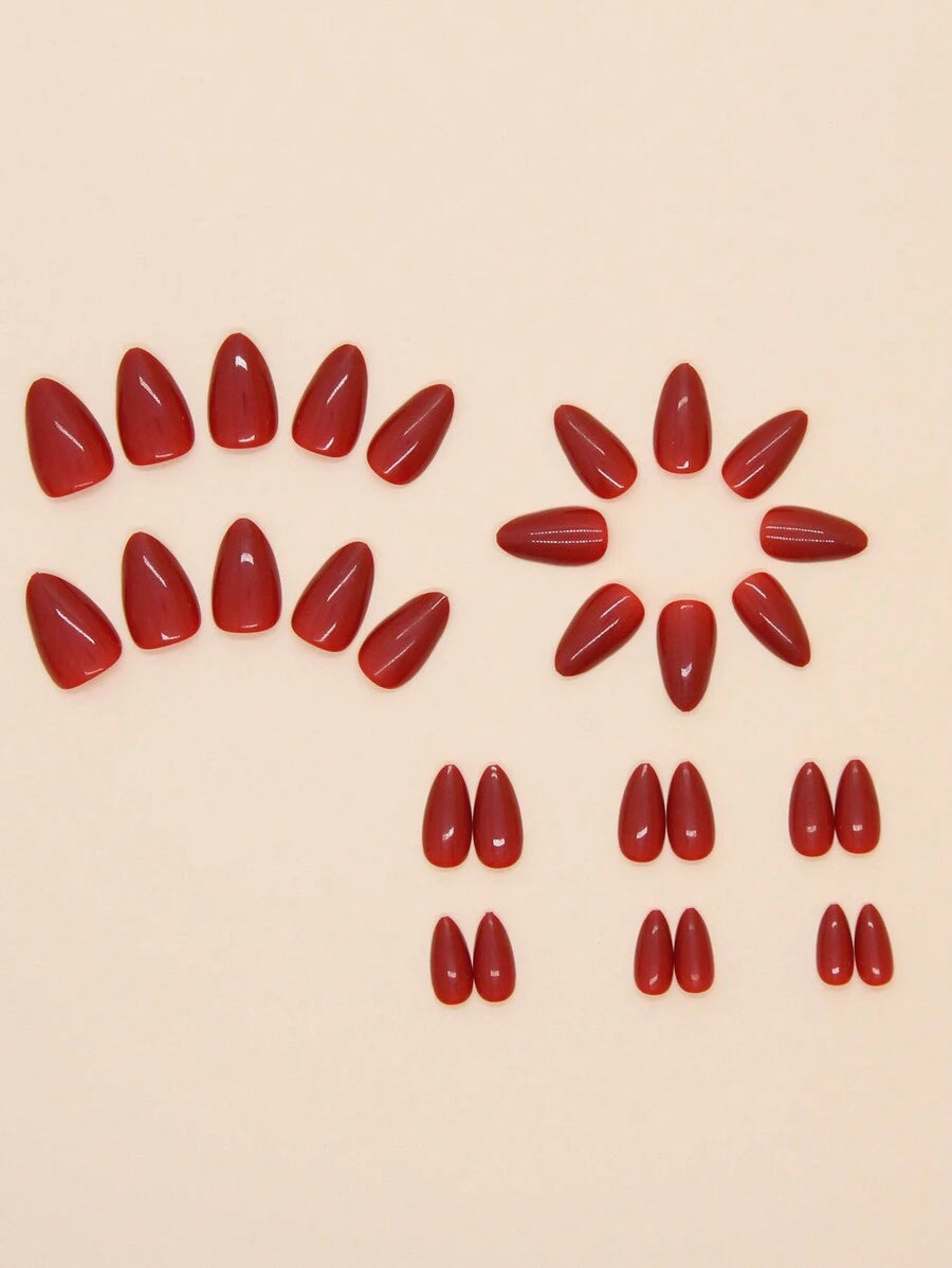 Shein 30 pièces/set Faux ongles de style vintage minimaliste de couleur rouge foncé unicolore de forme d'amande,