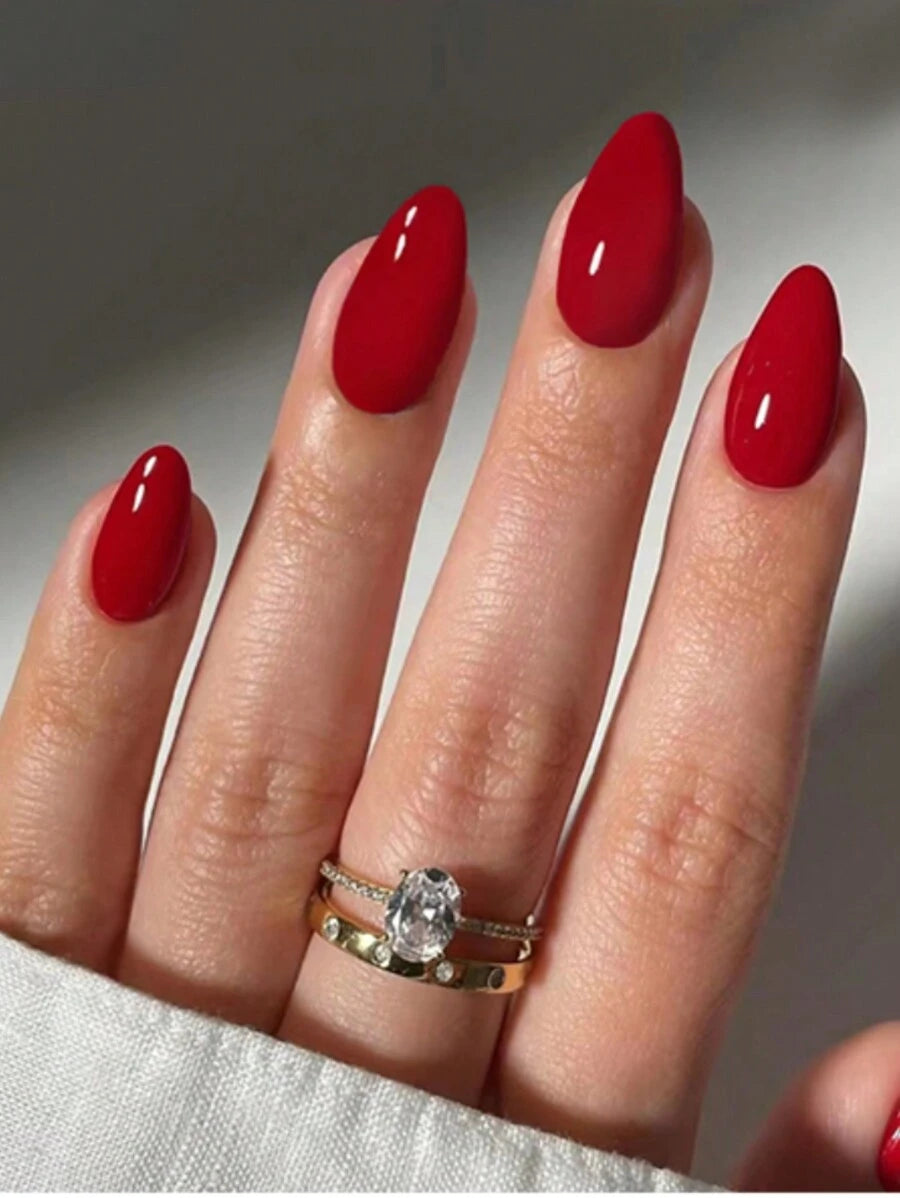 Shein 30 pièces/set Faux ongles de style vintage minimaliste de couleur rouge foncé unicolore de forme d'amande,