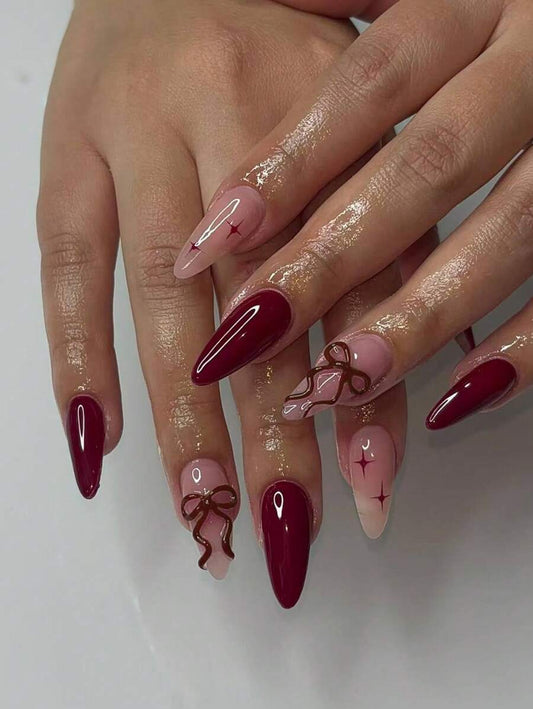 24 pièces Faux ongles longs en amande avec design 3D en gel, motif nœud, French manucure. Taille moyenne s'adaptant parfaitement. Tunisie