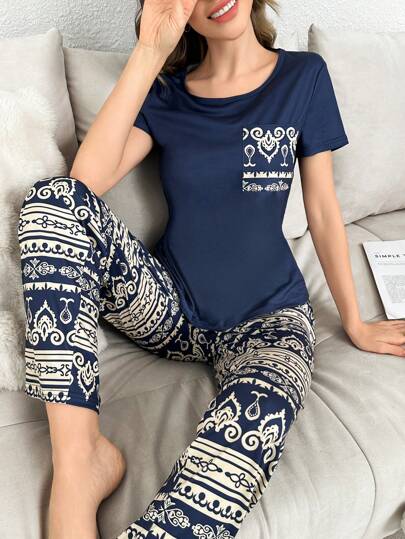 2 pièces Ensemble de pyjama rétro avec chemise à manches courtes et pantalon avec poche de couleur contrastante