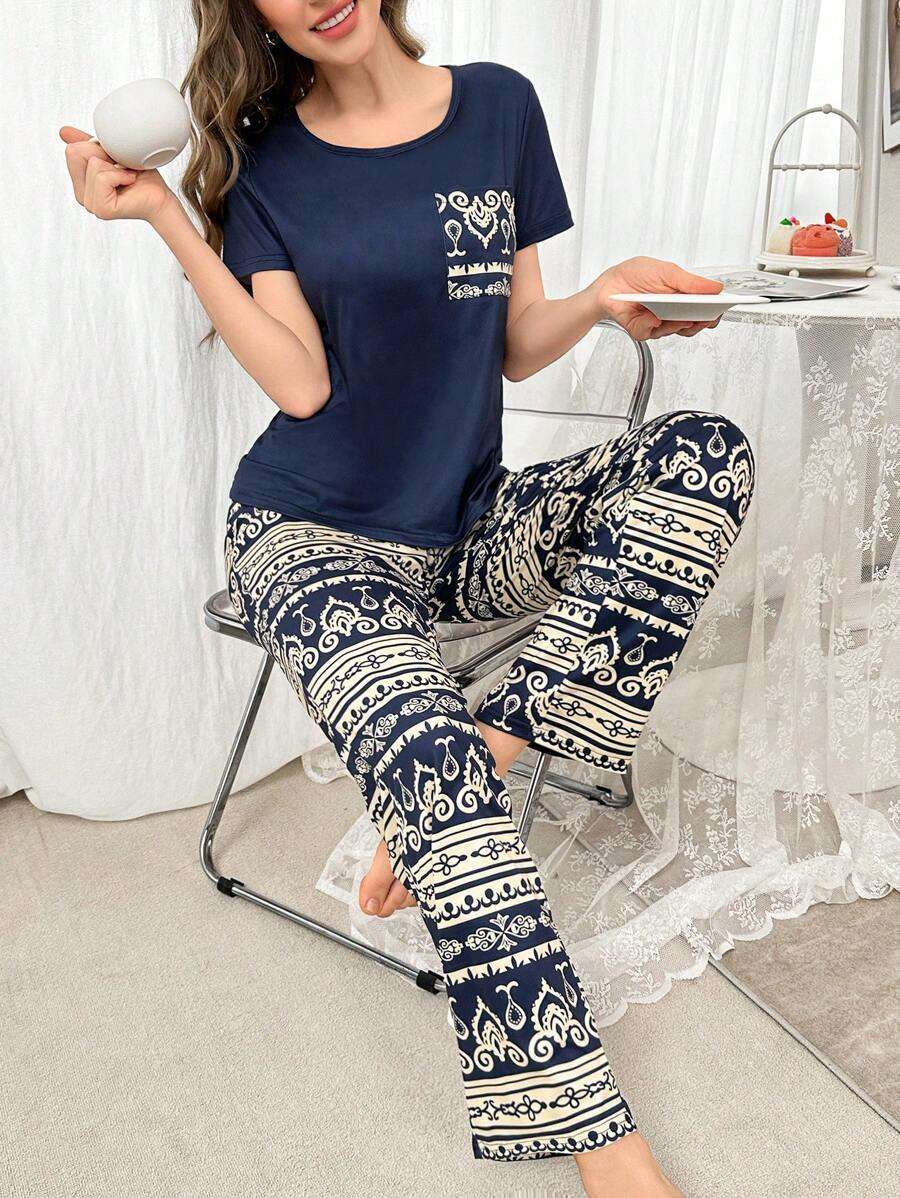2 pièces Ensemble de pyjama rétro avec chemise à manches courtes et pantalon avec poche de couleur contrastante