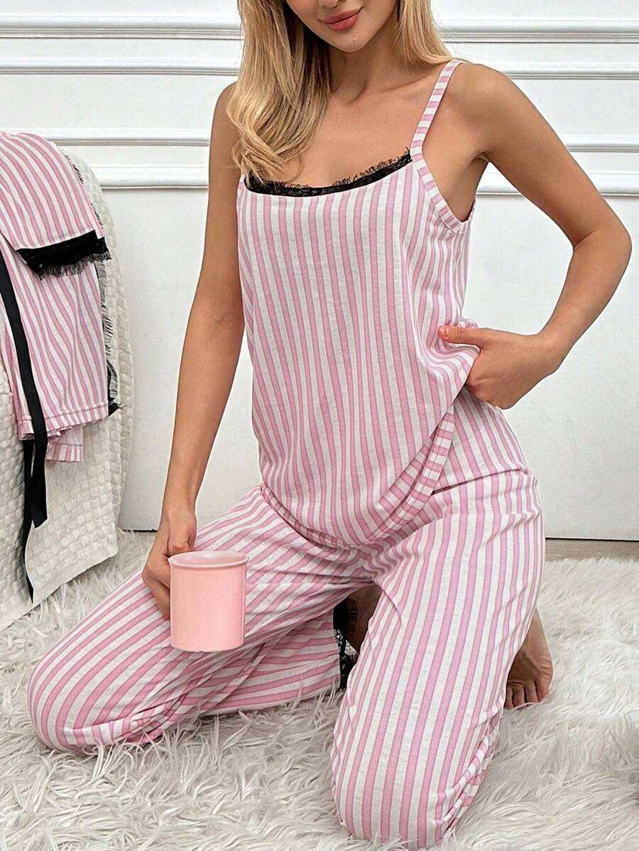 pyjama à manches longues à rayures et bordures en dentelle pour femmes, débardeur et pantalon décontractés